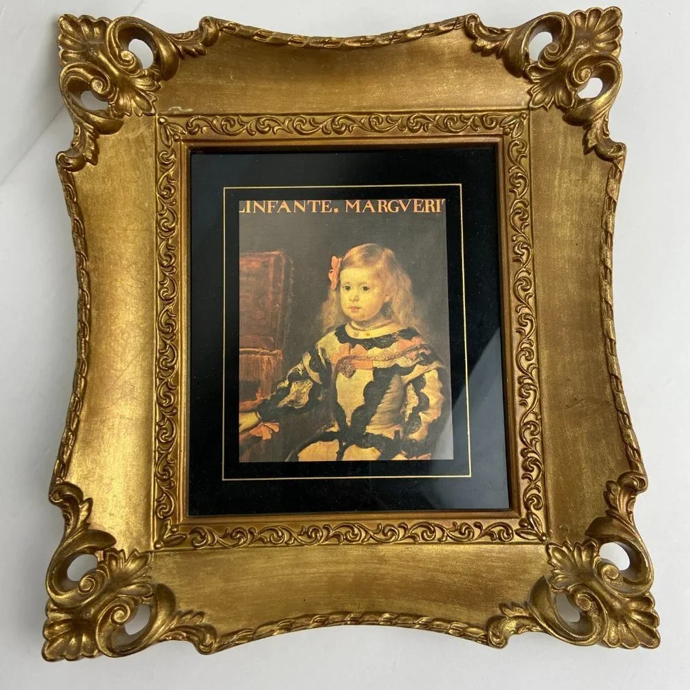 Vintage Painting reproduction Antique portrait little girl Framed Gold Patina